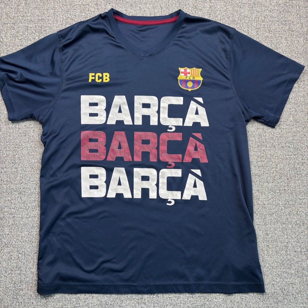 FC Barcelona Barca Soccer Jersey Mens Large Navy Blue V-Neck Short Sleeve Shirt